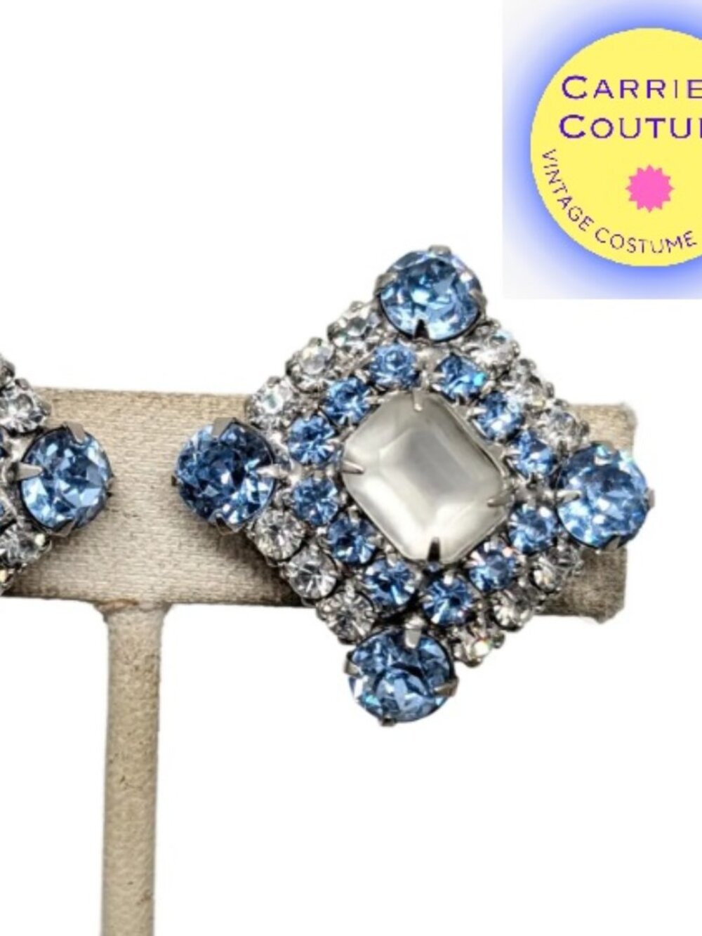 Vintage 1960s Signed Hobe Frosted, Clear & Blue Rhinestone Clip Earrings